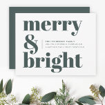 Merry and Bright | Stylish Forest Green Christmas Holiday Card<br><div class="desc">A stylish modern flat holiday greeting card with a bold retro typography quote "merry & bright" in dark forest green on a white background with a complementary feature colour on the reverse. The greeting, message and name can be easily customised to suit your needs. A trendy fun design to stand...</div>