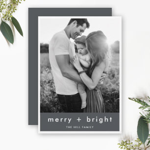 Merry and Bright   Stylish Gray Christmas Photo Holiday Card