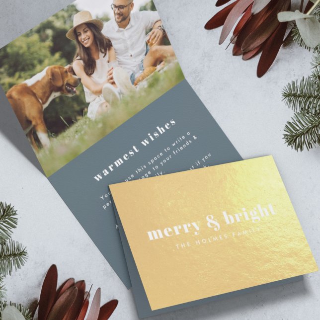 Merry and Bright | Stylish Modern Photo Xmas Gold Foil Card (Creator Uploaded)