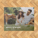 Merry and Bright | Stylish Modern Photo Xmas Jigsaw Puzzle<br><div class="desc">A stylish modern holiday photo jigsaw puzzle with a bold retro typography quote "merry & bright" in white. The greeting, name and message can be easily customised for a personal touch. A trendy, minimalist and contemporary design to stand out this holiday season! The image shown is for illustration purposes only...</div>