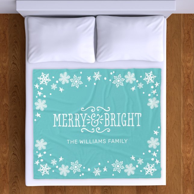 Merry and Bright Teal Blue Custom Holiday Fleece Blanket (Creator Uploaded)