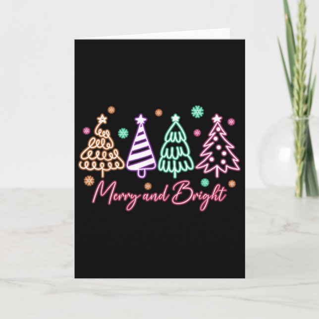 Merry And Bright Tree Neon Christmas  Card (Front)
