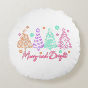 Merry and Bright Tree Neon Christmas Round Cushion
