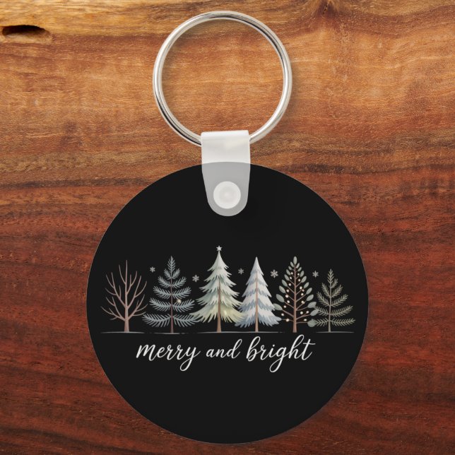 Merry and Bright Trees Christmas Holiday Winter Key Ring (Front)