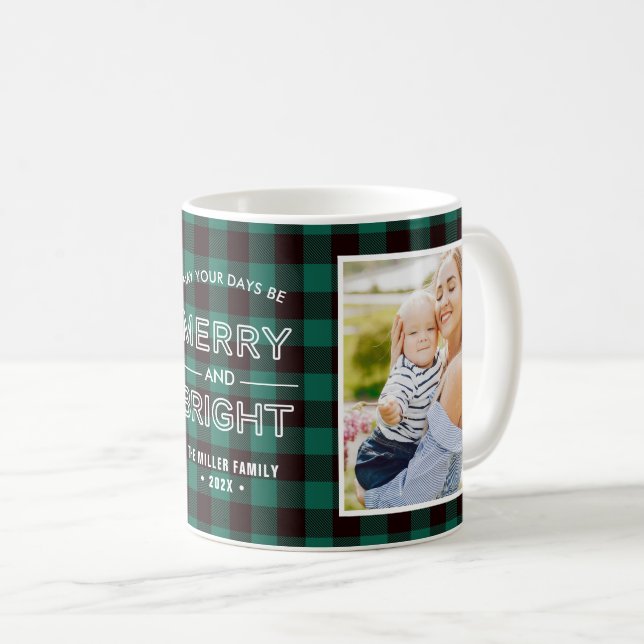 Merry and Bright Trendy Green Plaid with 2 Photos Coffee Mug (Front Right)