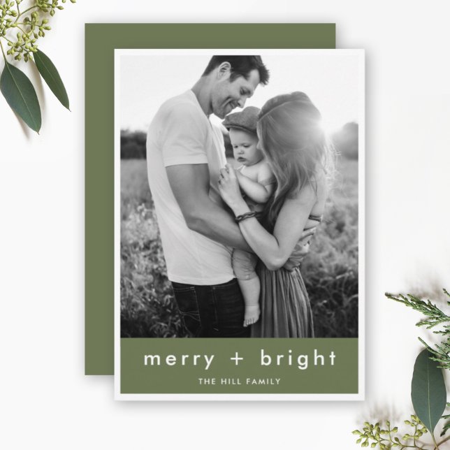 Merry and Bright Trendy Moss Green Christmas Photo Holiday Card (Creator Uploaded)
