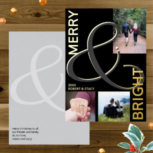 Merry And Bright Typography 3 Photo Black Gold Foil Holiday Card