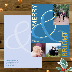 Merry And Bright Typography 3 Photo Blue Gold Foil Holiday Card