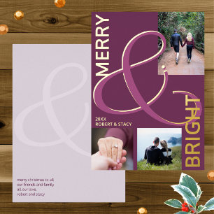 Merry And Bright Typography 3 Photo Purple Gold Foil Holiday Card