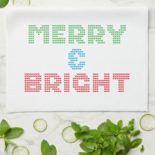Merry And Bright Typography Christmas Tea Towel