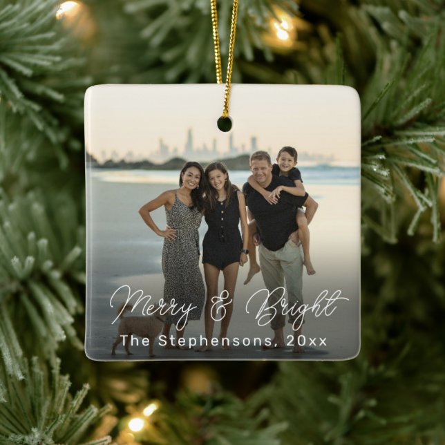 Merry and Bright Typography Custom Photo Family Ceramic Ornament (Tree)
