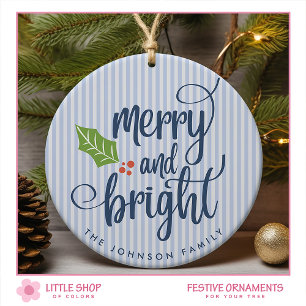 Merry and Bright Typography Customisable Photo  Ceramic Ornament