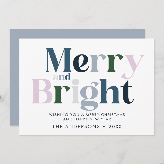 Merry And Bright Typography Modern Christmas Holiday Card (Front/Back)