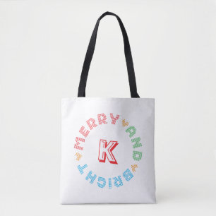 Merry And Bright Typography Monogram Christmas Tote Bag