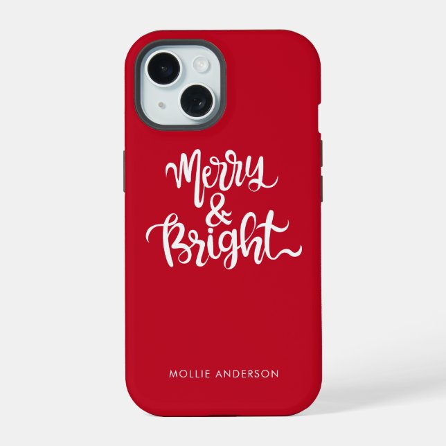 Merry and Bright Typography Script Red  iPhone 15 Case (Back)