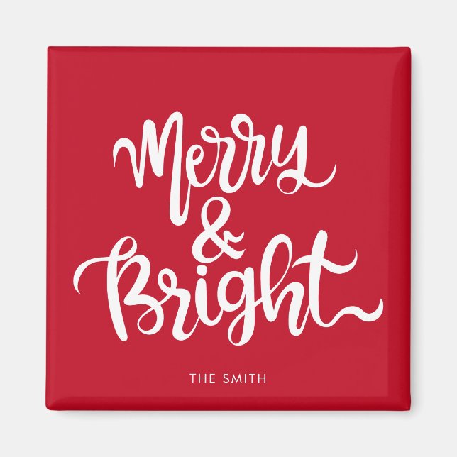Merry and Bright Typography Script Red  Magnet (Front)