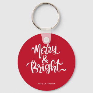 Merry and Bright Typography Script Red & White Key Ring