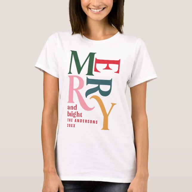 Merry and bright vintage colourful Christmas T-Shirt (Front)