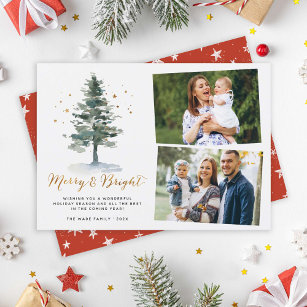 Merry and Bright Watercolor Christmas Tree 2 Photo Holiday Card