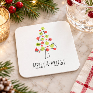 Merry and Bright Watercolor Christmas Tree Custom Square Paper Coaster