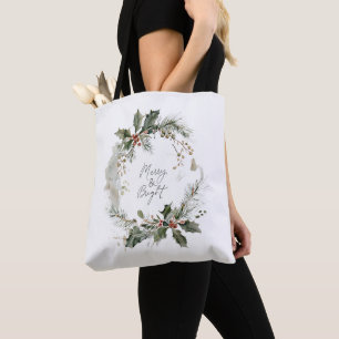 Merry and Bright Watercolor Christmas Wreath Tote Bag