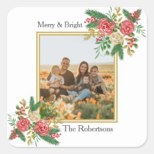 Merry and Bright Watercolor Floral Family Photo Square Sticker