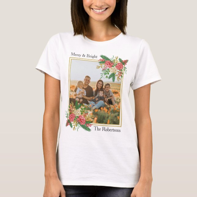 Merry and Bright Watercolor Roses Family Holiday T-Shirt (Front)