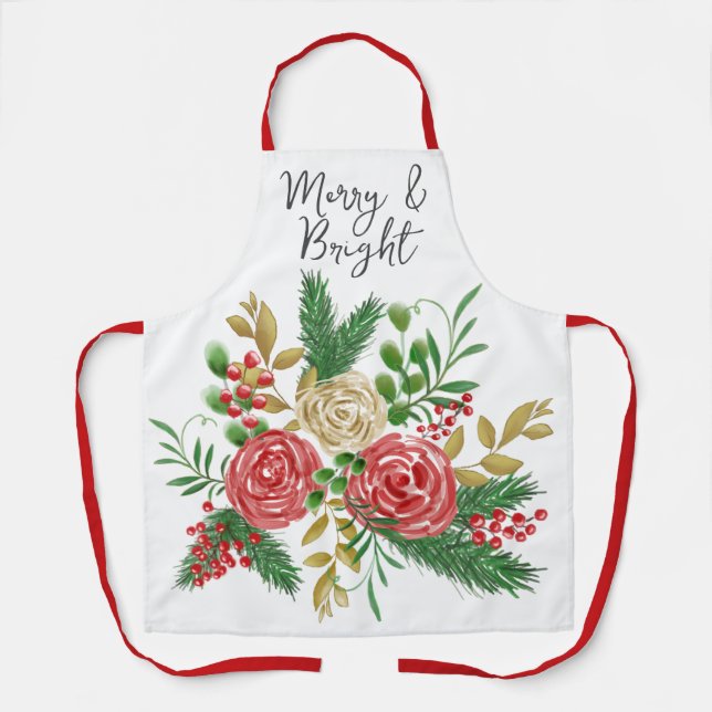 Merry and Bright Watercolor Roses Holiday Apron (Front)