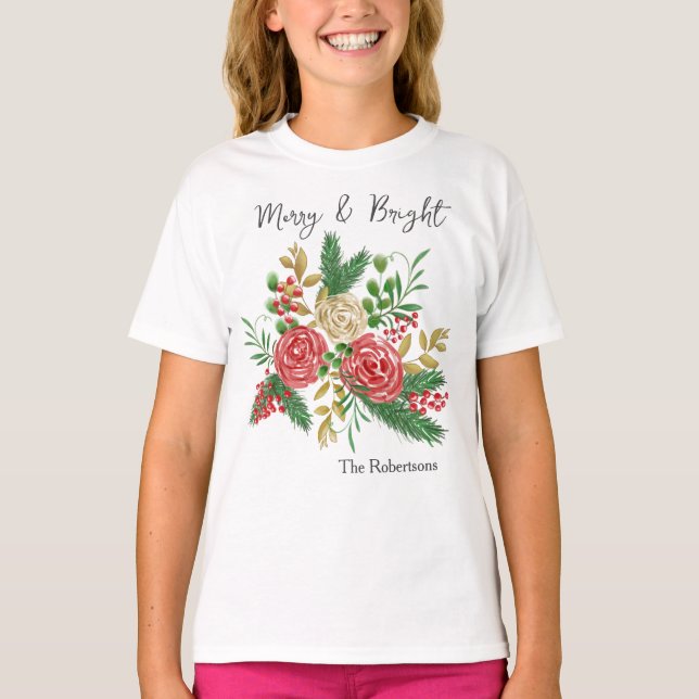 Merry and Bright Watercolor Roses Kids Holiday T-Shirt (Front)