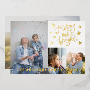 Merry and Bright White Personalised 4 Photo Gold Foil Holiday Card