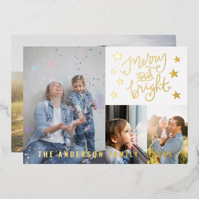 Merry and Bright White Personalised 4 Photo Gold Foil Holiday Card (Front/Back)