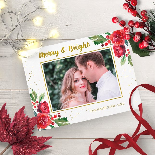 Merry And Bright Winter Flowers Christmas Photo Postcard (Creator Uploaded)