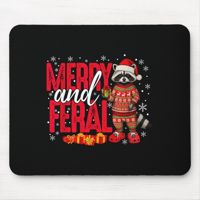 Merry And Christmas Feral Funny Raccoon Santa Hat  Mouse Pad (Front)