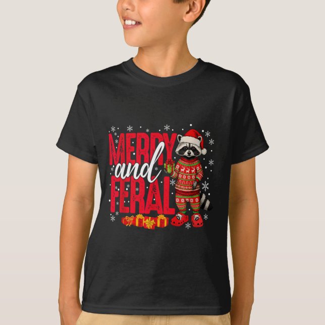 Merry And Christmas Feral Funny Raccoon Santa Hat  T-Shirt (Front)