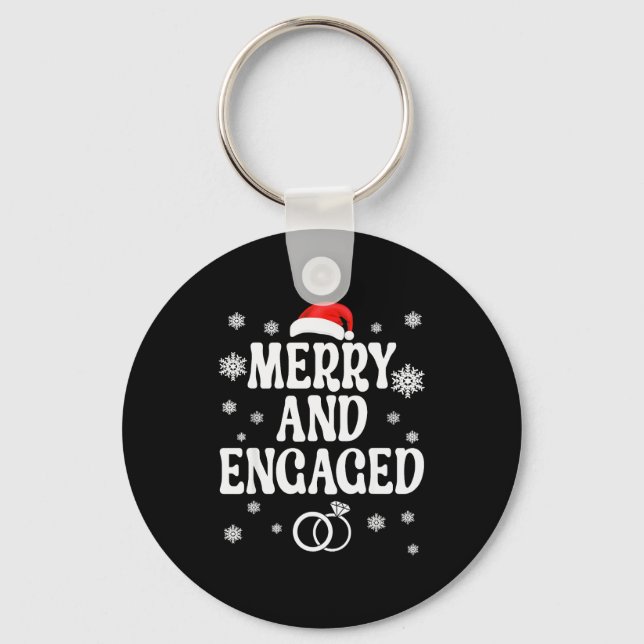 Merry And Engaged Couple Christmas Matching Pajama Key Ring (Front)