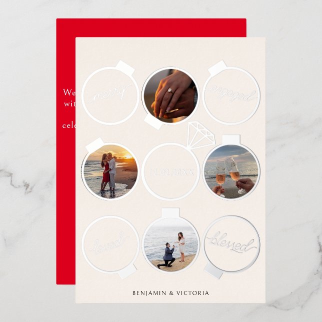 Merry and Engaged Ornaments Multiple Photo Foil Holiday Card (Front/Back)