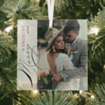Merry and Engaged Script Vertical Photo Snowflake Glass Tree Decoration<br><div class="desc">Merry & Engaged photo ornament with vertical photo,  elegant calligraphy and delicate white snowflakes on a silver grey border. The photo template is ready for you to add your photo and the year. If you have any problems with placement,  try cropping your pic to a portrait format and re-uploading</div>