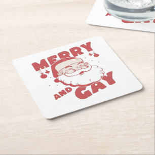 Merry and Gay Funny Christmas LGBTQ Pride Square Paper Coaster