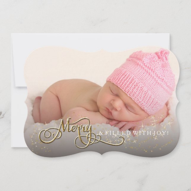 Merry and Joyful Baby Glitter Star Photo Christmas Holiday Card (Front)