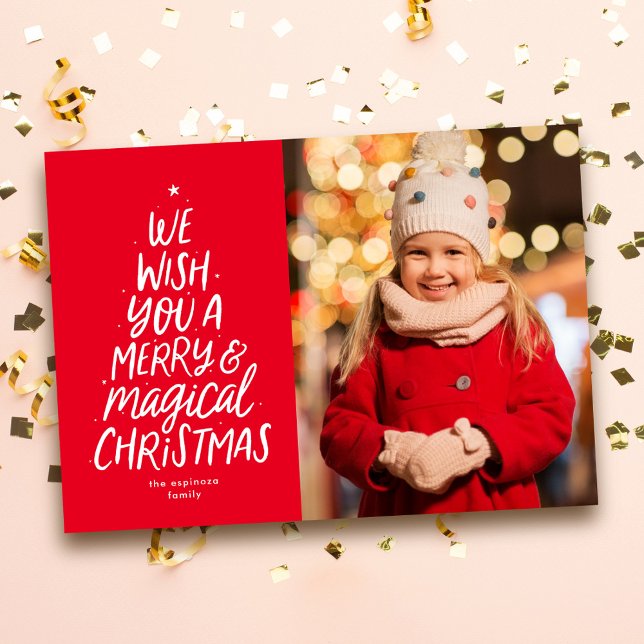 Merry and magical Christmas tree red photo Holiday Card (Creator Uploaded)