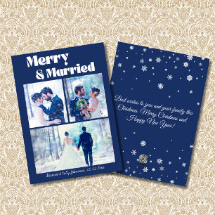 merry and married 3 photos collage wedding blue holiday card