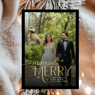 Merry and Married 3 Photos Newlyweds Christmas Foil Holiday Card