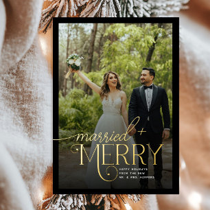 Merry and Married 3 Photos Newlyweds Christmas Foil Holiday Card