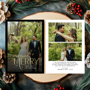 Merry and Married 3 Photos Newlyweds Christmas Foil Holiday Card