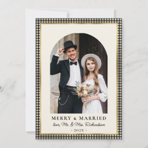 Merry and Married Arch Photo Black Gold Plaid Holiday Card