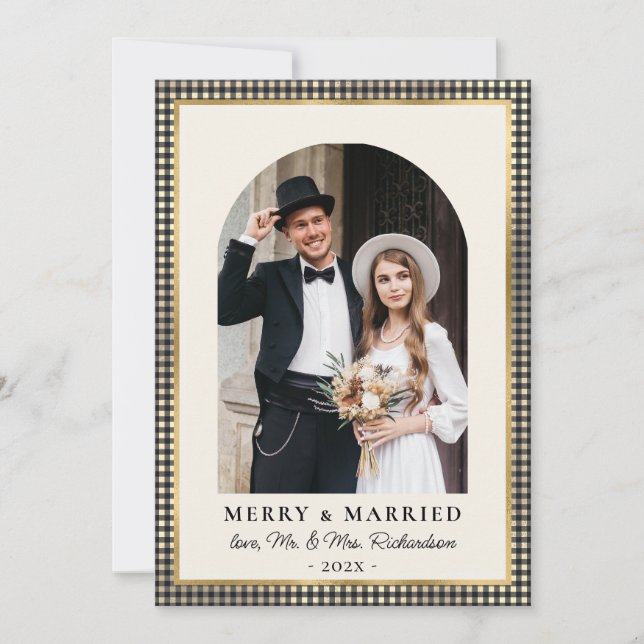 Merry and Married Arch Photo Black Gold Plaid  Holiday Card (Front)