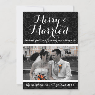Merry and Married Black/White Damask Holiday Photo Card
