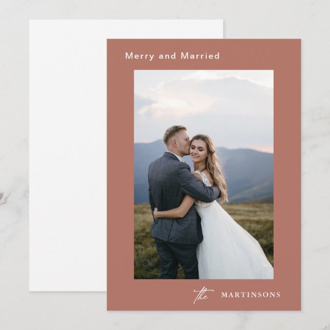 Merry and Married Calligraphy Photo Christmas Holiday Card (Front/Back)