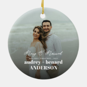 Merry and Married Christmas Double Sided Photo Ceramic Ornament
