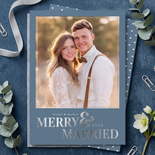 Merry and Married Christmas Photo - Dusty Blue Foil Holiday Card